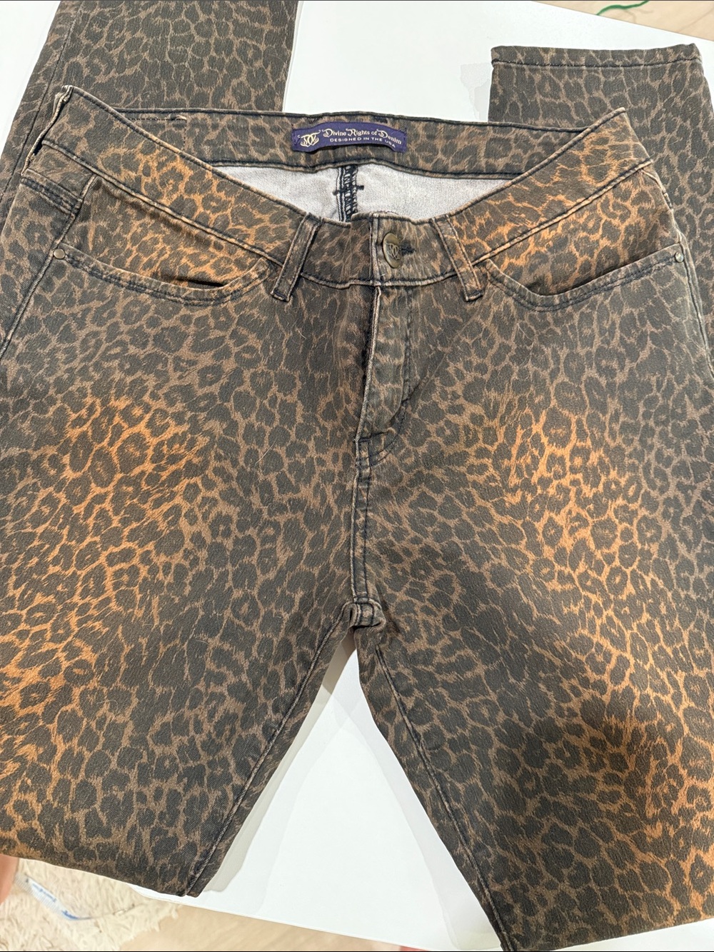 Divine Rights of Denim Leopard Skinny Jeans Brown Animal Print Stretch Denim 30